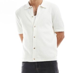 Cotton On ASOS Pablo Ivory Short Sleeve Cotton Waffle Knit Button Shirt Relaxed